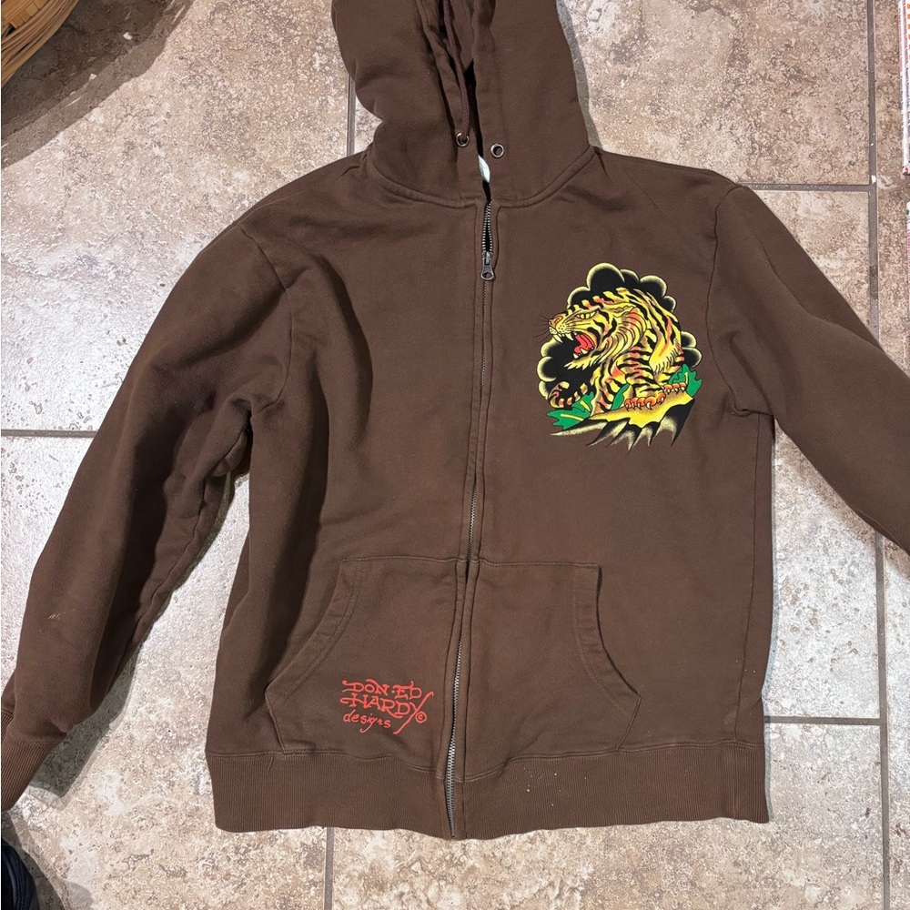 Ed Hardy Brown Hoodie with Tiger Graphic Vintage 90’s Y2K